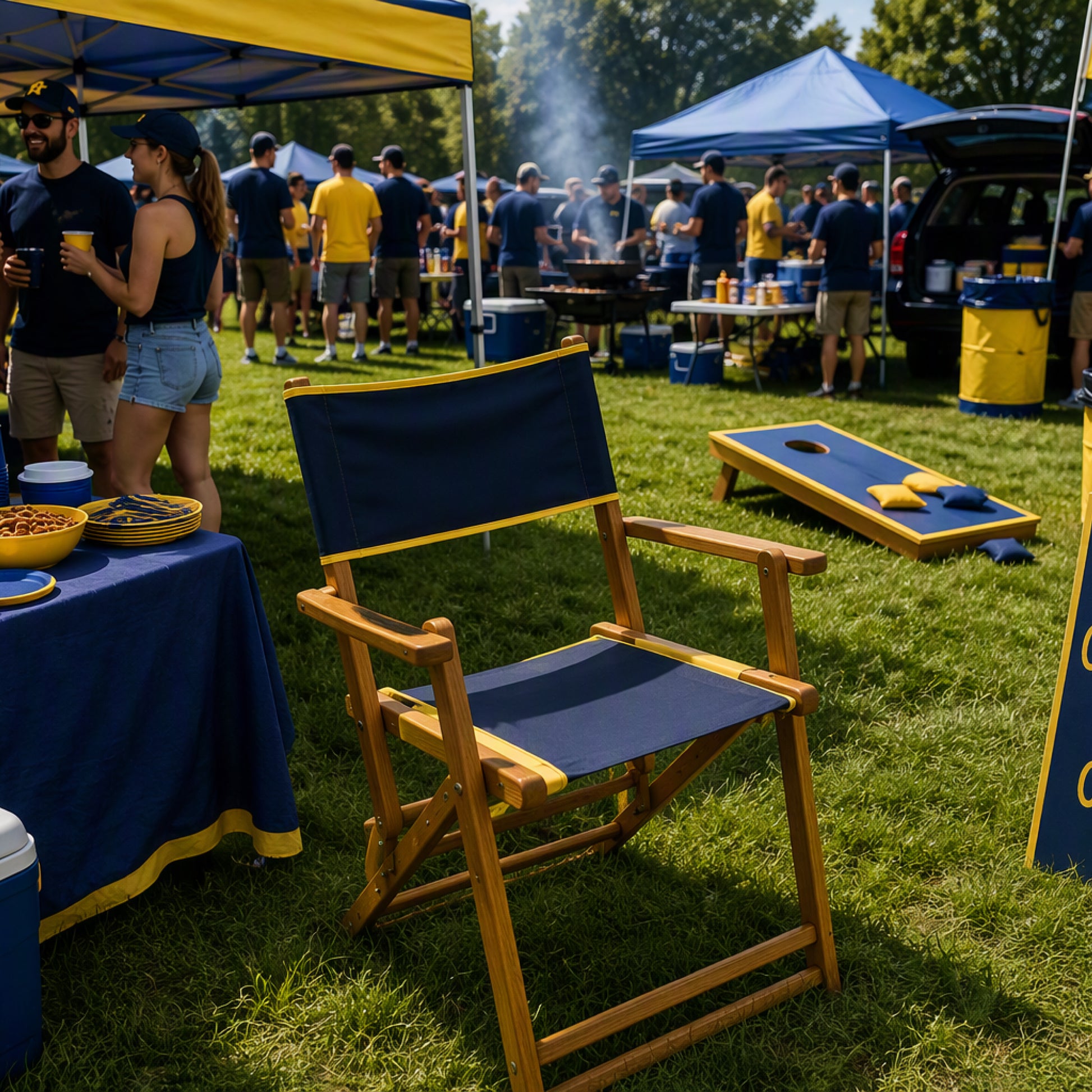 Coastsetter Tailgate Chair in blue and yellow at a tailgate