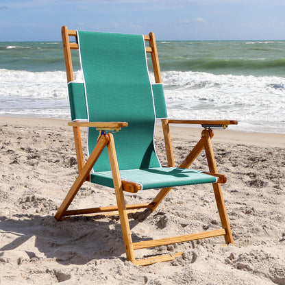 Coastsetter Beach Chair in Aqua Marine on the sand, upright without a leg rest