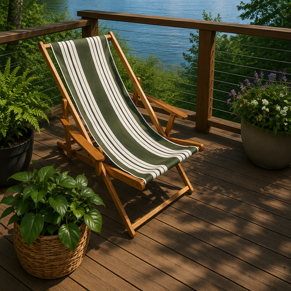 Coastsetter Sling Chair in Green Stripes on a wooden deck