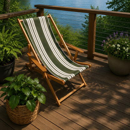 Coastsetter Sling Chair in Green Stripes on a wooden deck