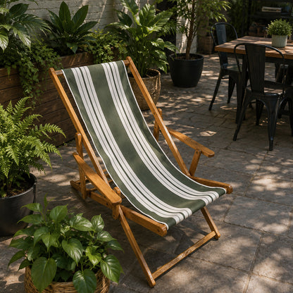 Coastsetter Sling Chair in Green Stripes on a patio, side view